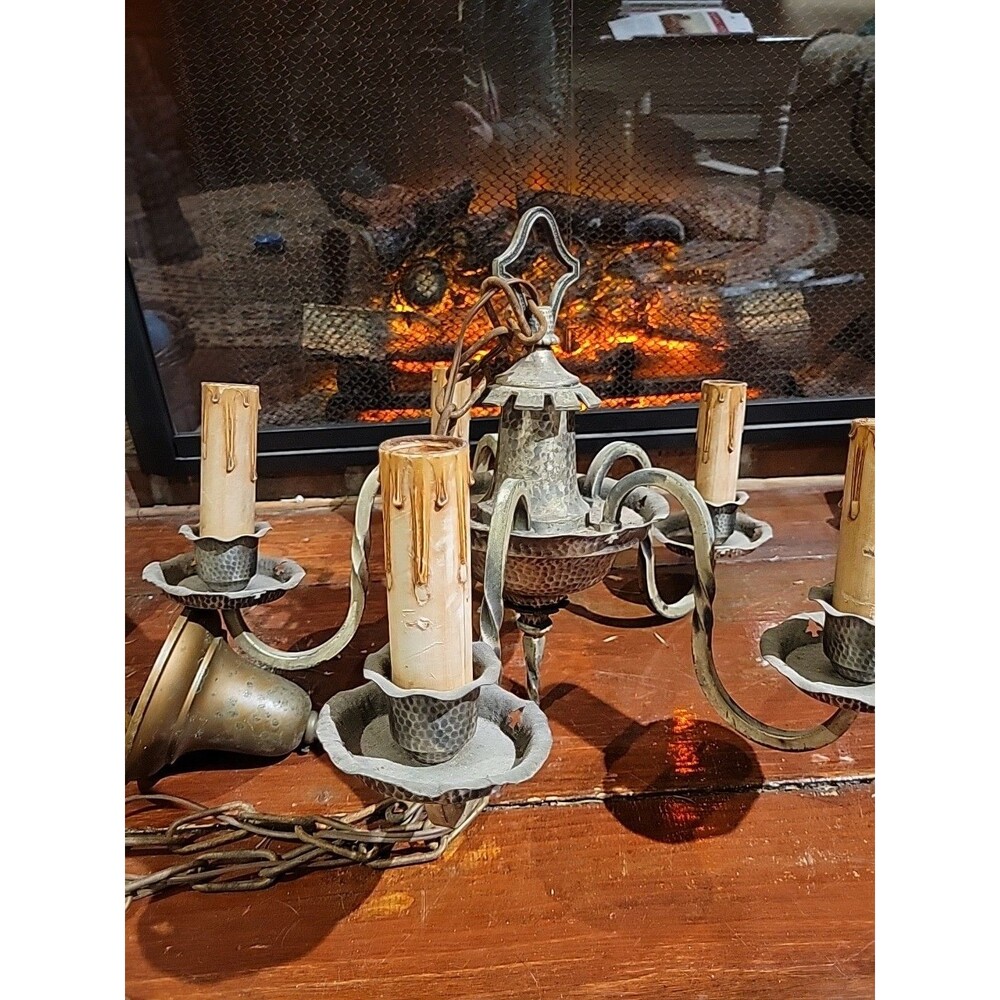 READ Vtg 5 Light Hammered Chandelier Antique? Estate Sale